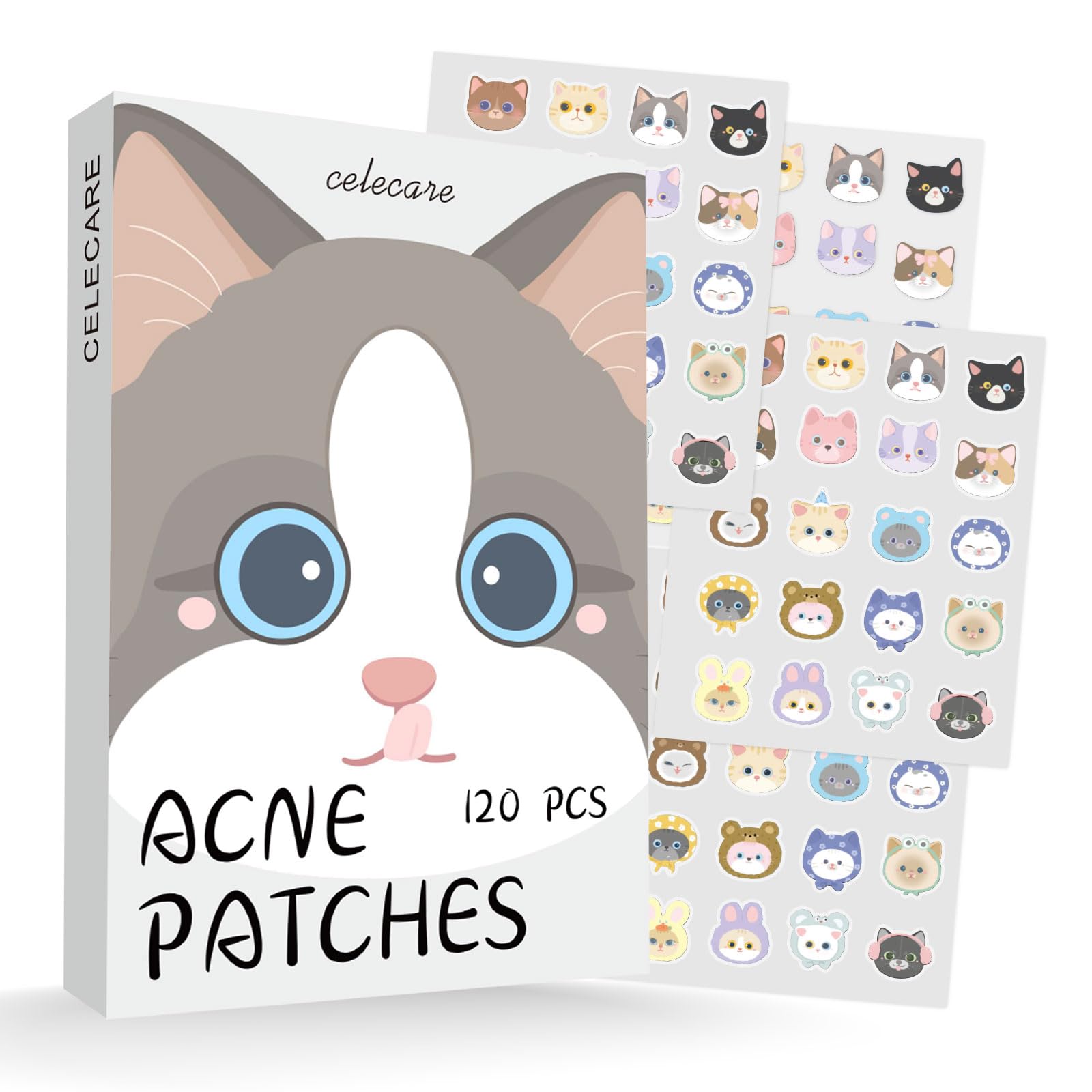 CELECARE parches para acné con diseño de gato multicolor que absorben fluidos.