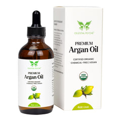 Celestial Psyché Argan Oil amber bottle delivers hair shine and skin hydration.
