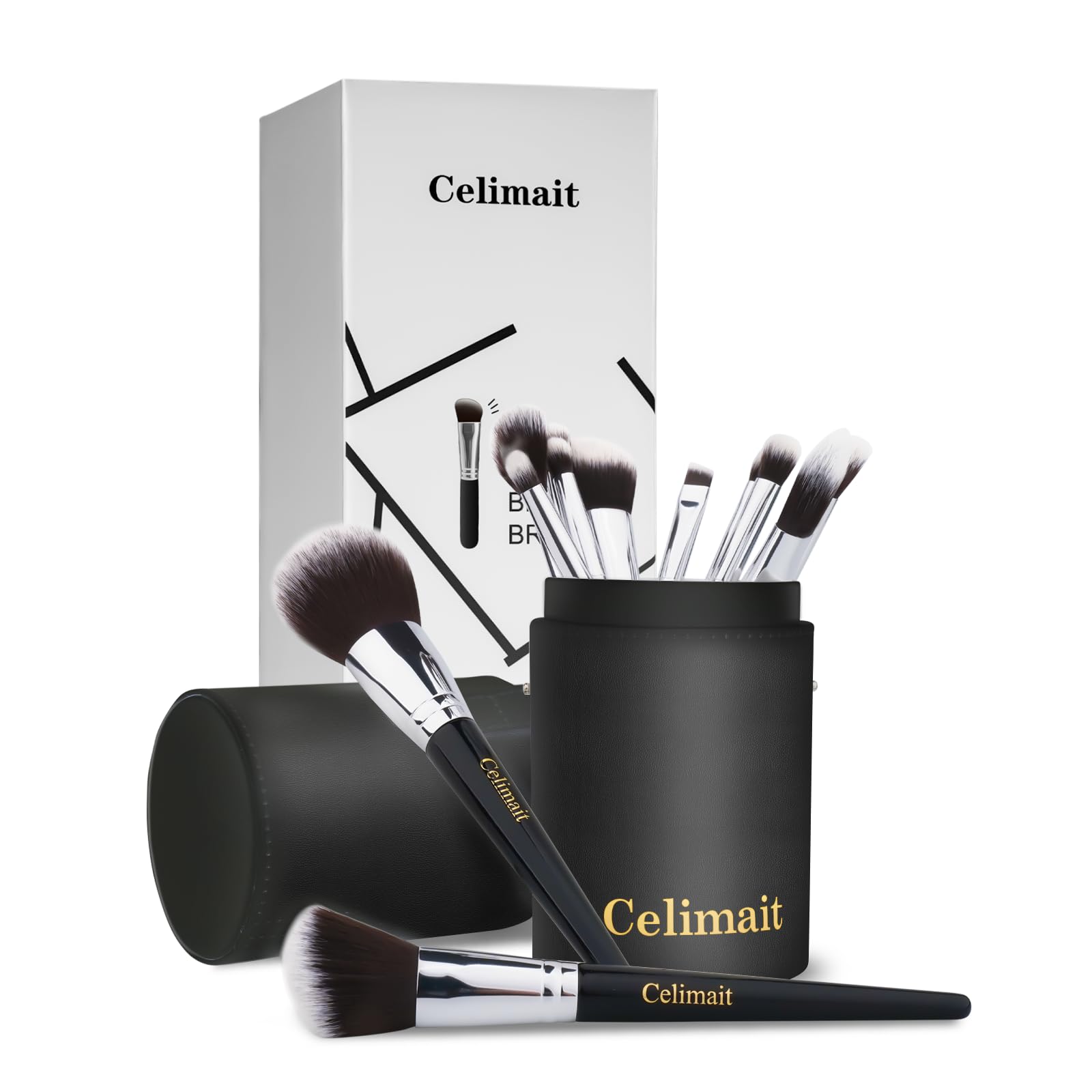 CELIMAIT 12-piece makeup brush set with soft synthetic bristles for smooth powder application.