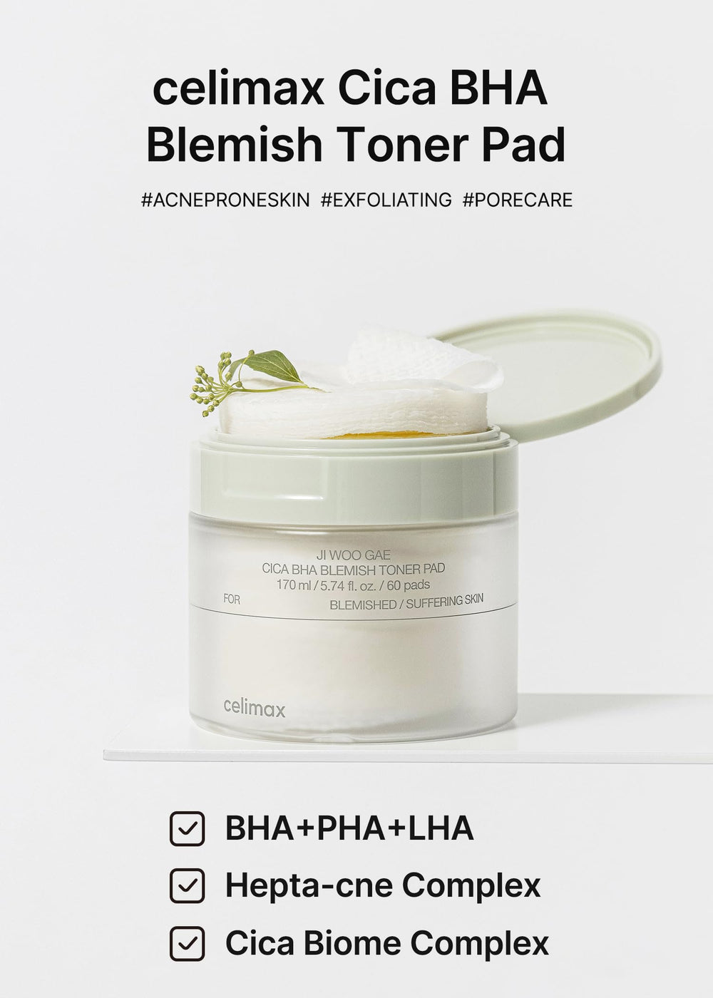 Celimax Ji.Woo.Gae Cica Biome complex closeup soothing breakout-prone skin.
