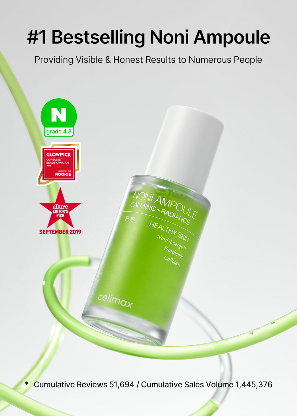 Celimax Noni Energy Ampoule bottle close-up showing sleek design for daily use