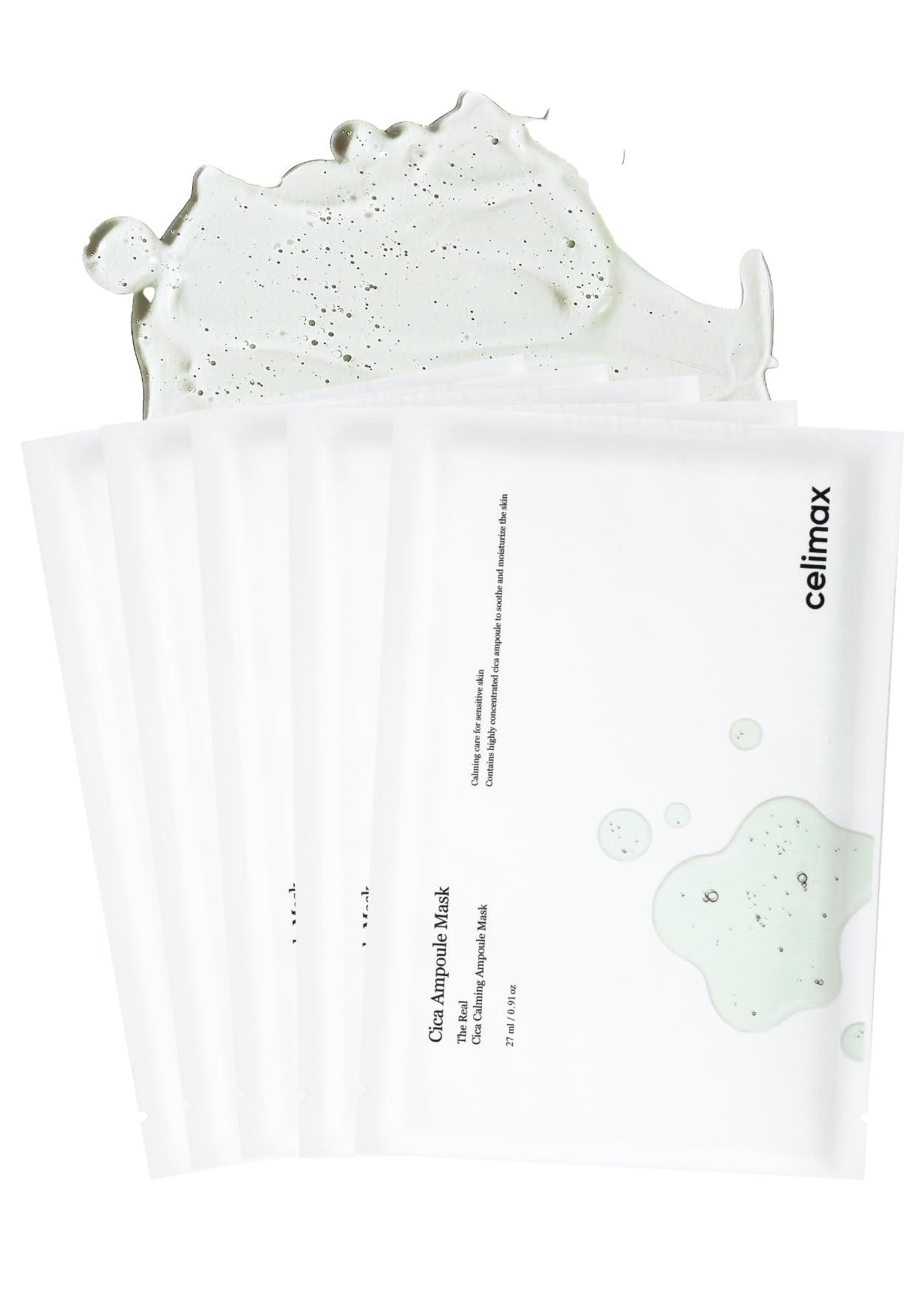 Celimax The Real Cica Calming Ampoule Mask pack closeup highlighting soothing, hydrating properties