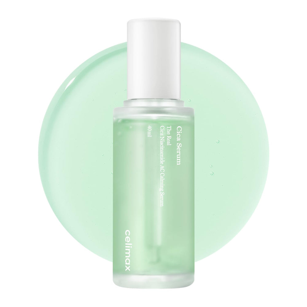 Celimax The Real Cica Niacinamide AC Calming Serum bottle closeup shows calming hydration.