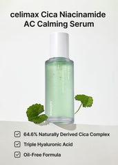 Celimax serum label close-up emphasizing centella and niacinamide ingredients for calming care.