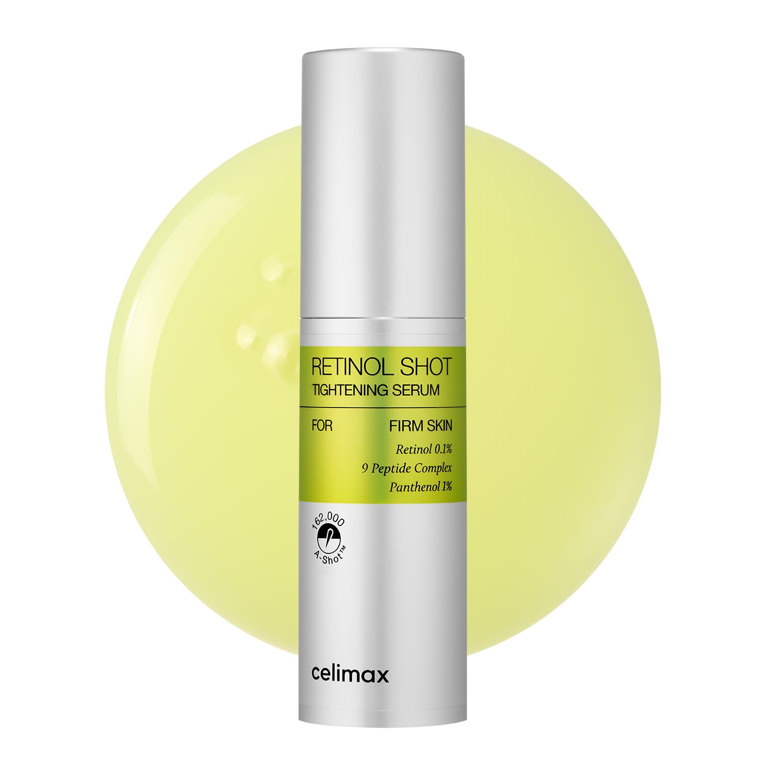 Celimax Vita A Retinol Shot bottle with pump enables easy nightly application for targeted care.