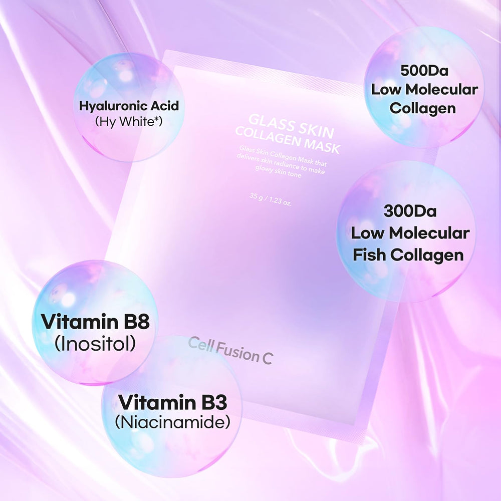 Cell Fusion C Glass Skin Collagen Mask color-change indicates actives absorbing in three hours.