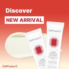 Cell Fusion C Laser UV Defense Sunscreen packaging box highlighting SPF 50