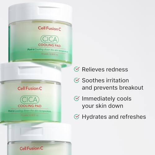 Cell Fusion C Post Alpha CICA Cooling Toner Pad packaging side highlights soothing properties.