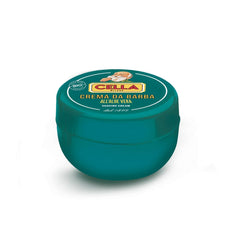 Cella Milano Aloe Vera shaving cream jar closeup shows rich texture for protective cushioning.