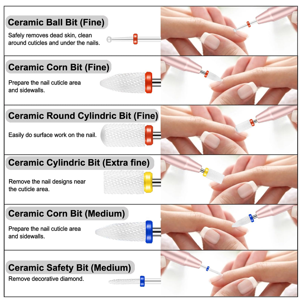 Cellentool ceramic bits providing smooth grinding for gentle cuticle work.