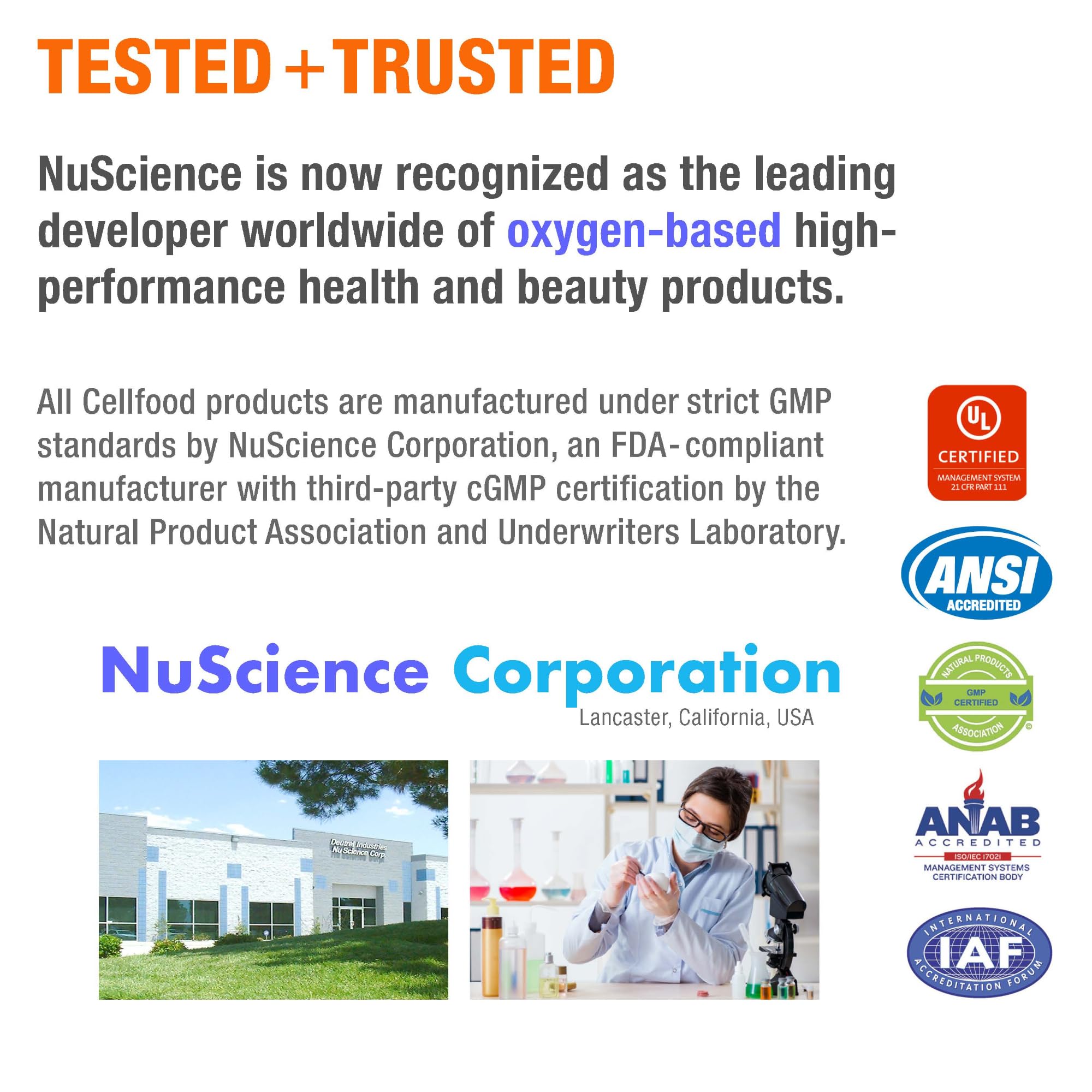 Cellfood Oxygen Gel FDA-compliant facility badge reinforces trusted manufacturing standards.