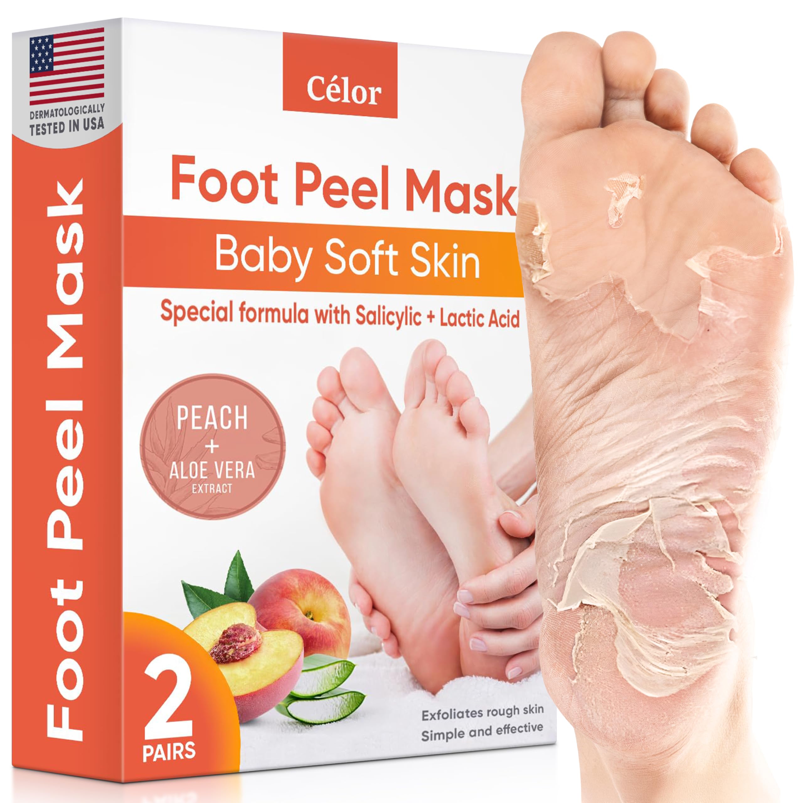 CÉLOR Foot Peel Mask box packaging shows two pairs for at-home spa.