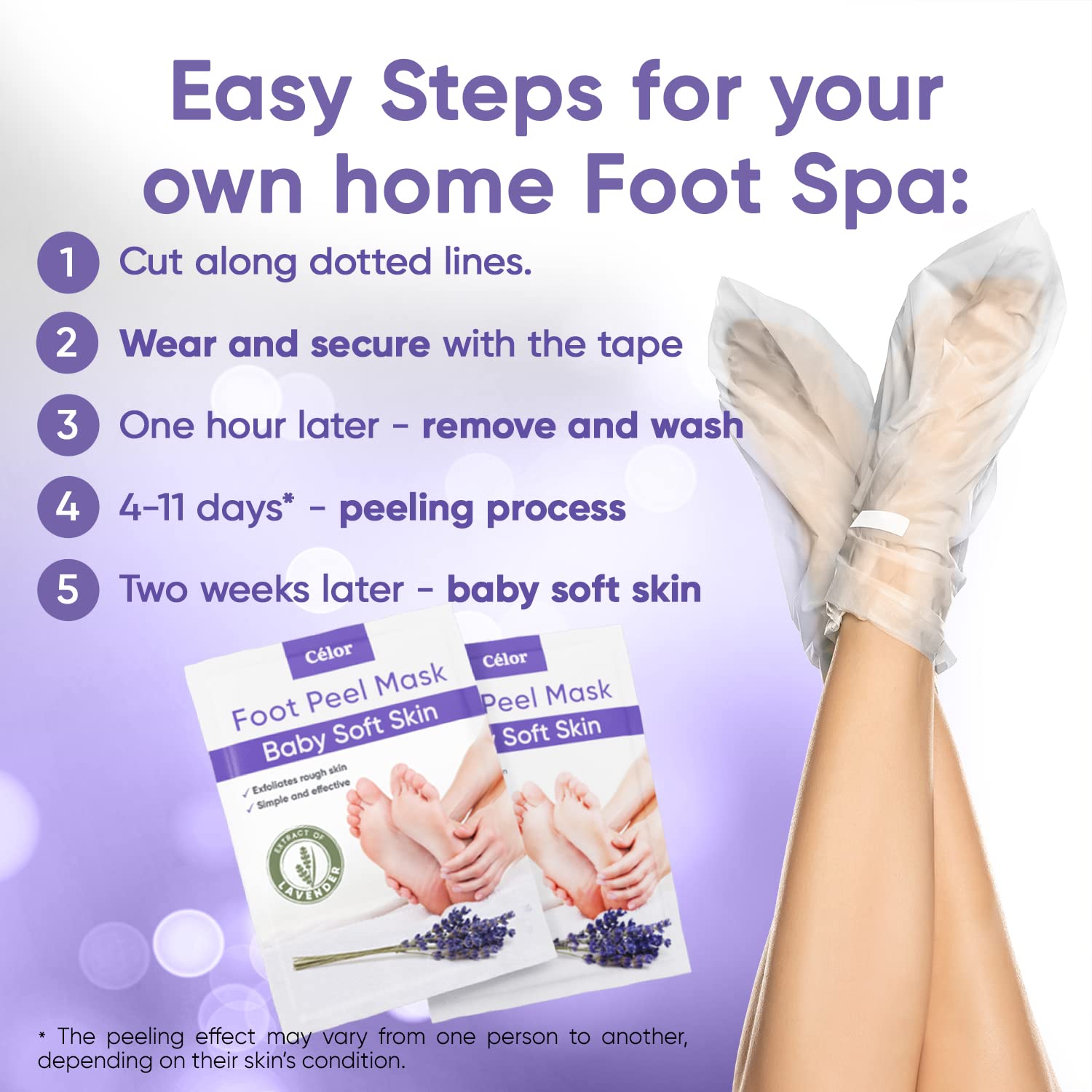 CÉLOR Foot Peel Mask lavender-scented booties deliver soothing spa-like experience.