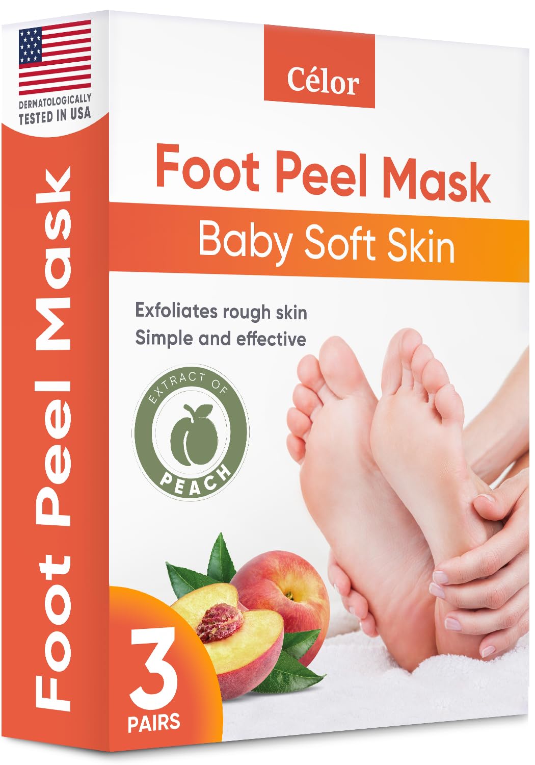 CÉLOR Foot Peel Mask packaging peach edition highlights at-home foot care benefits.