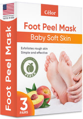 CÉLOR Foot Peel Mask packaging peach edition highlights at-home foot care benefits.