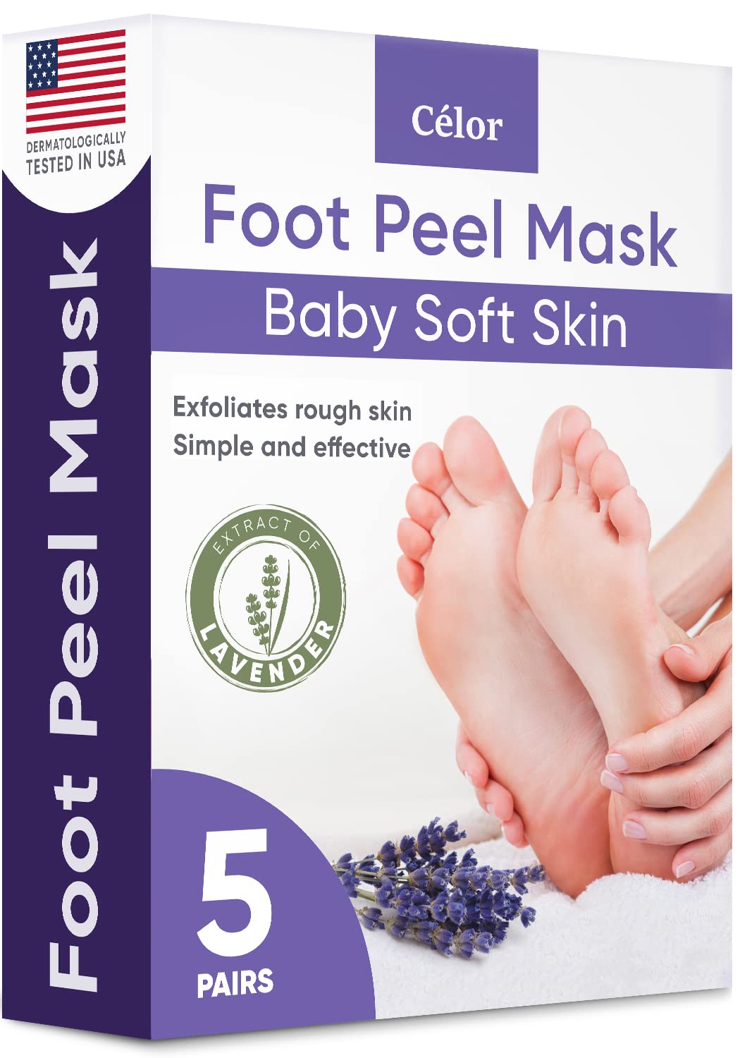 CÉLOR Foot Peel Mask packaging with two pairs offers easy at-home foot care.