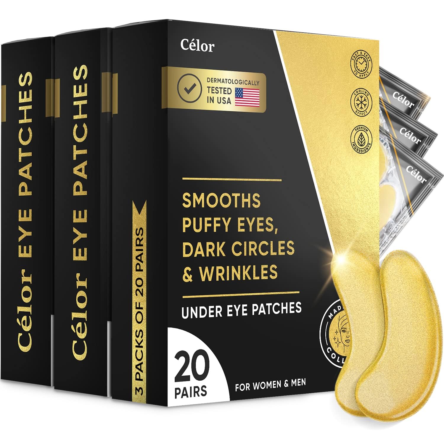 CÉLOR Celor under-eye patches golden glow application for soothing hydration and targeted under-eye care.