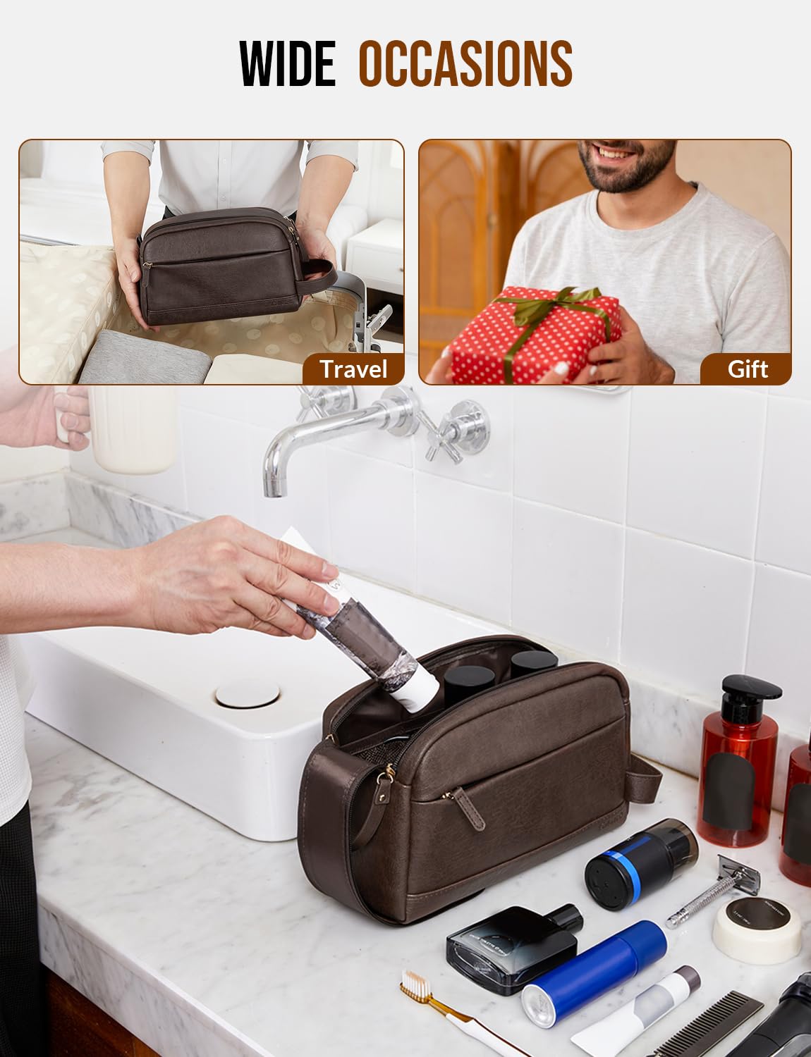 Celvetch PU leather toiletry bag dark brown suitable for daily use and travel