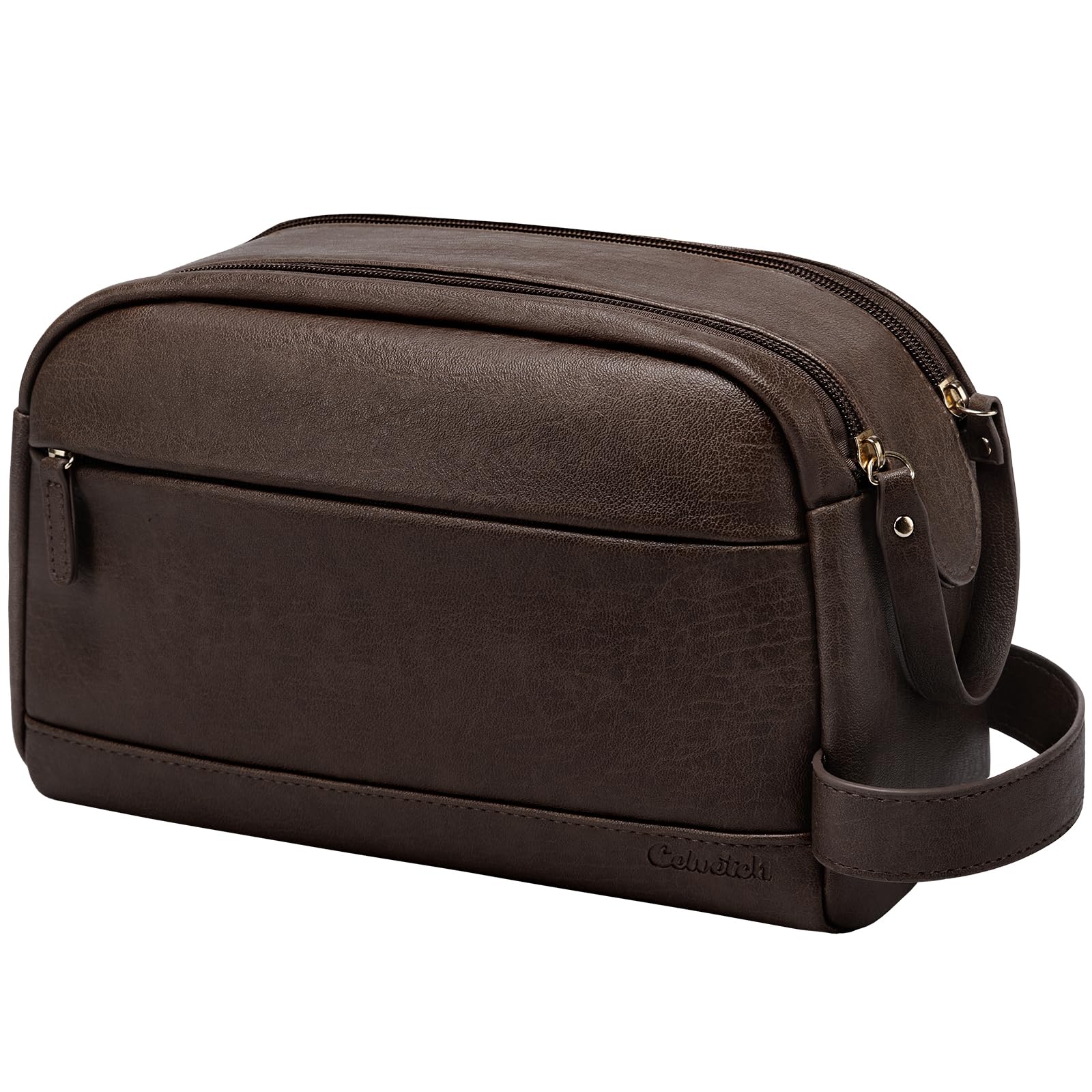Celvetch PU leather toiletry bag dark brown front view showing upright design for easy access