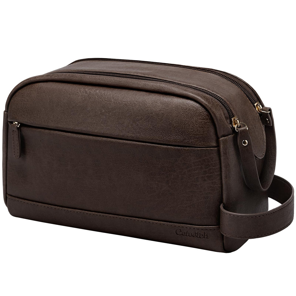 Celvetch PU leather toiletry bag dark brown front view showing upright design for easy access