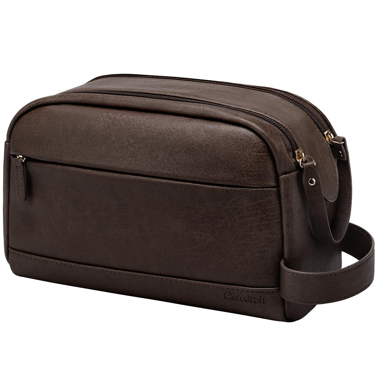 Celvetch PU leather toiletry bag dark brown front view showing upright design for easy access