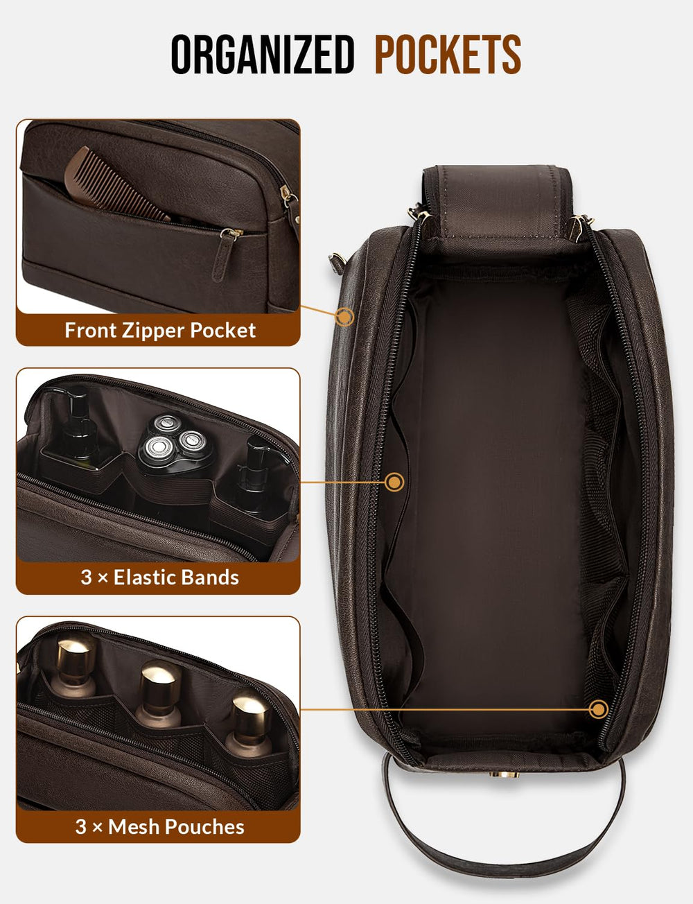 Celvetch PU leather toiletry bag dark brown inner compartments organized for essentials