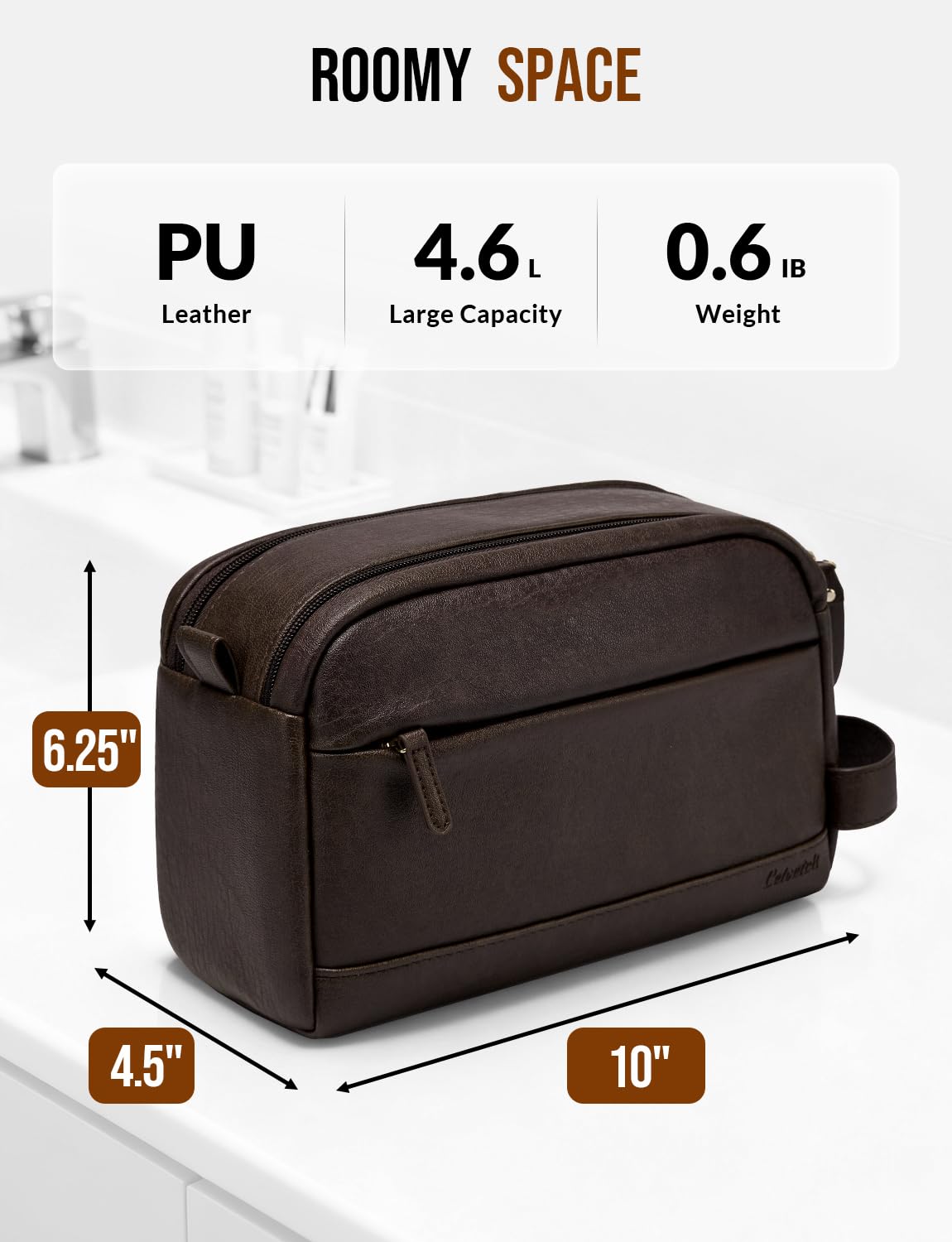 Celvetch PU leather toiletry bag dark brown open-wide view for quick packing