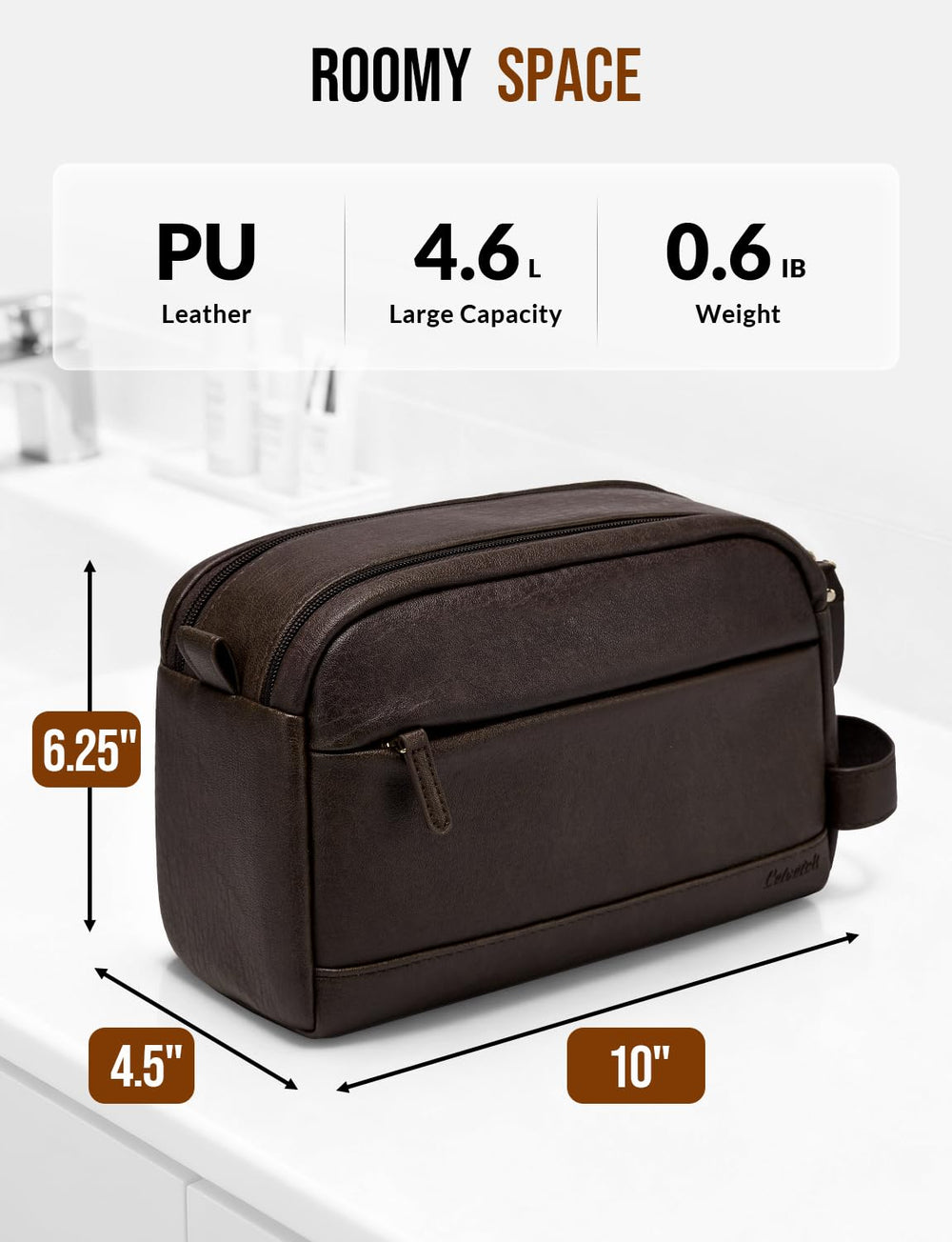 Celvetch PU leather toiletry bag dark brown open-wide view for quick packing