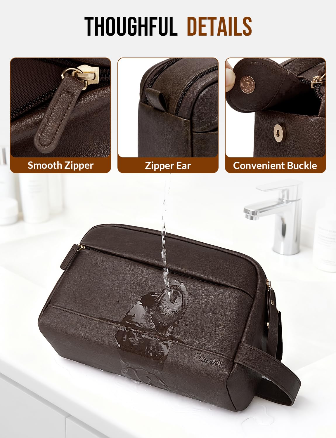 Celvetch PU leather toiletry bag dark brown stands upright on a surface