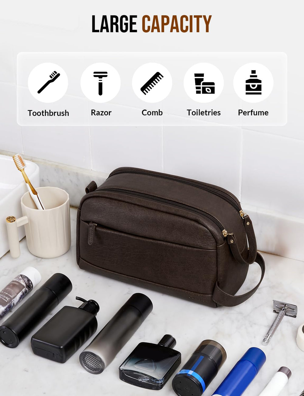 Celvetch PU leather toiletry bag dark brown water-resistant surface protects contents