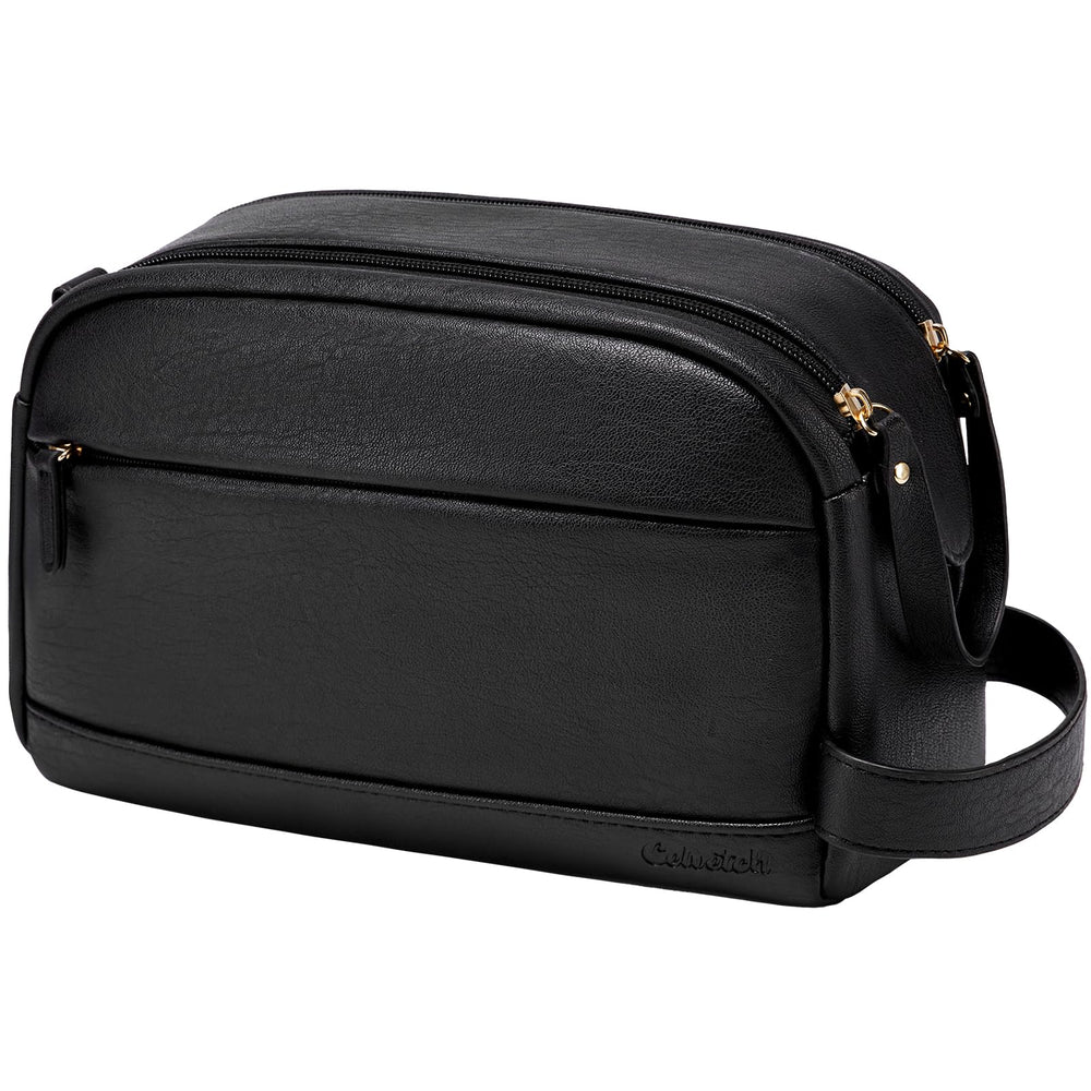 Celvetch toiletry bag front view shows retro PU leather and sturdy stand.