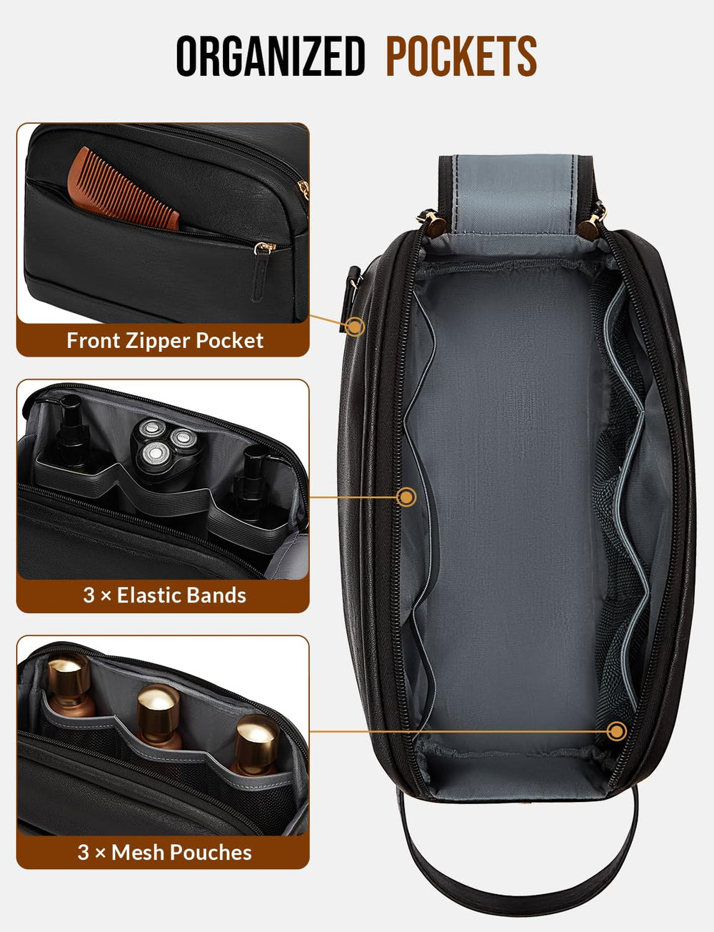 Celvetch toiletry bag interior organized with elastic bands and mesh pockets.