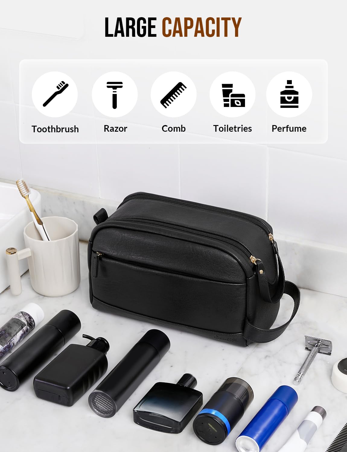 Celvetch toiletry bag water resistant surface protects contents during travel.