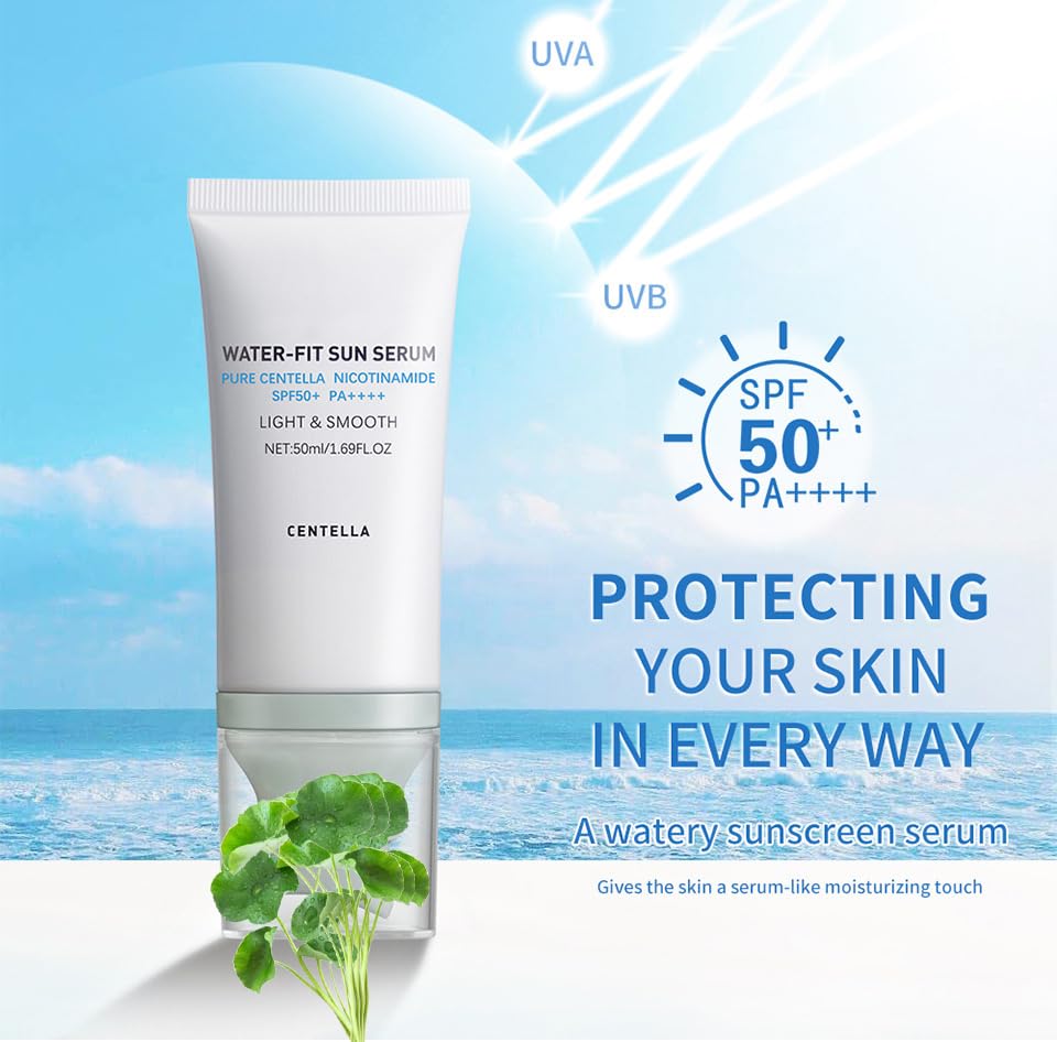 Centella Sunscreen SPF50 label emphasizes broad protection without clogging pores.