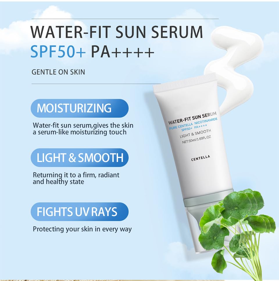 Centella Sunscreen water-fit serum image illustrates hydrating, non-sticky layer for fresh skin.