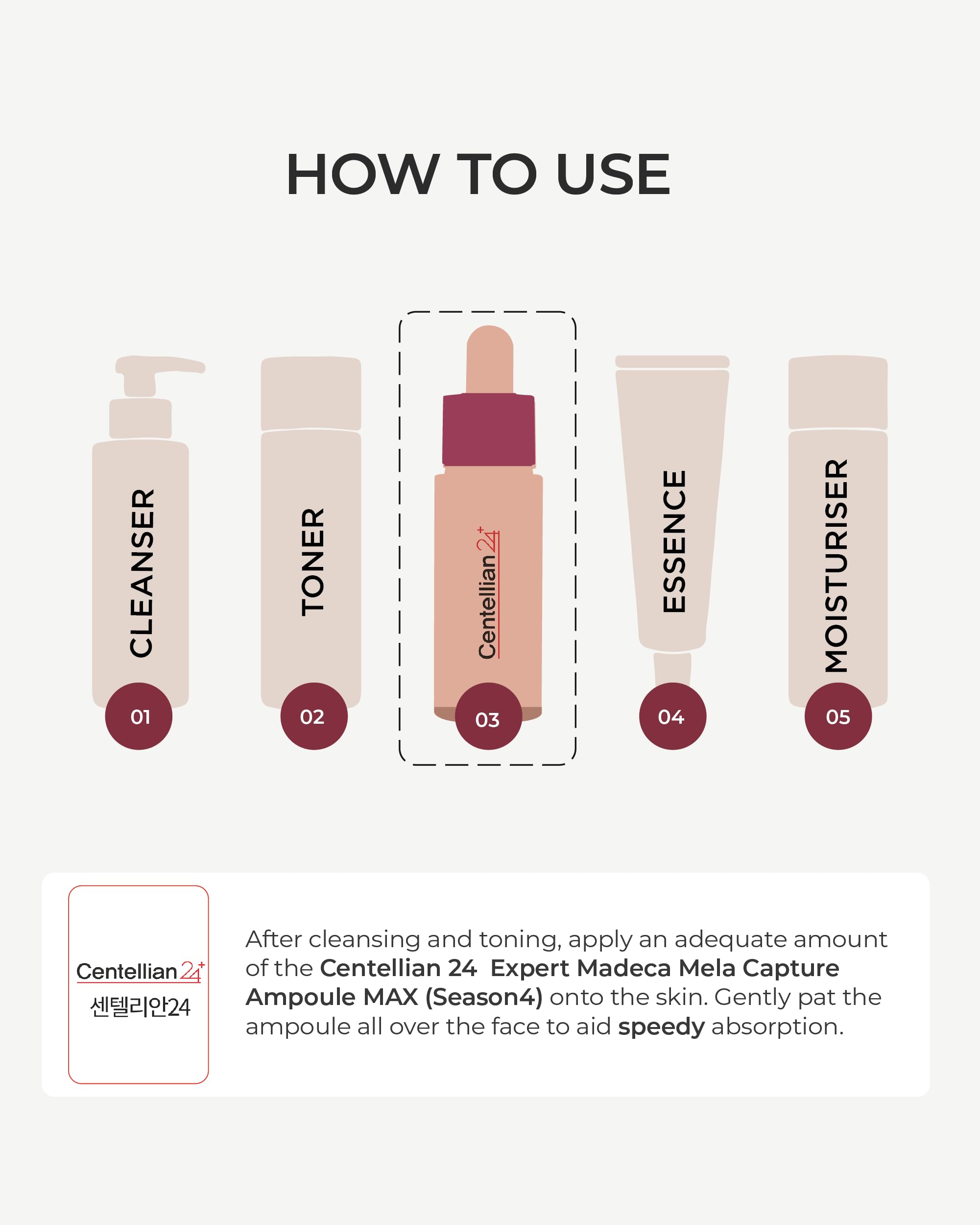 Centellian 24 ampoule used on cheeks and neck for balanced skin tone.