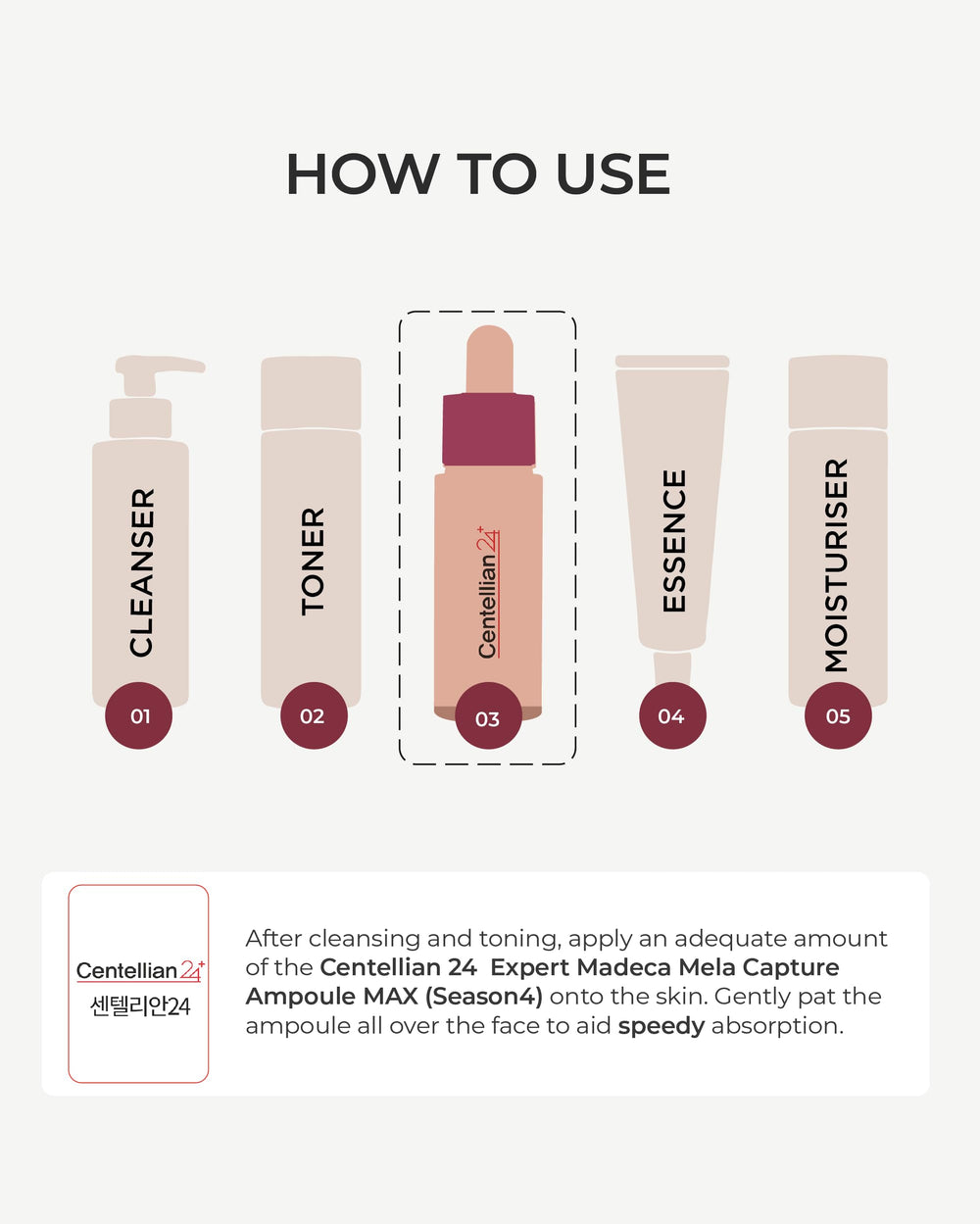 Centellian 24 ampoule used on cheeks and neck for balanced skin tone.