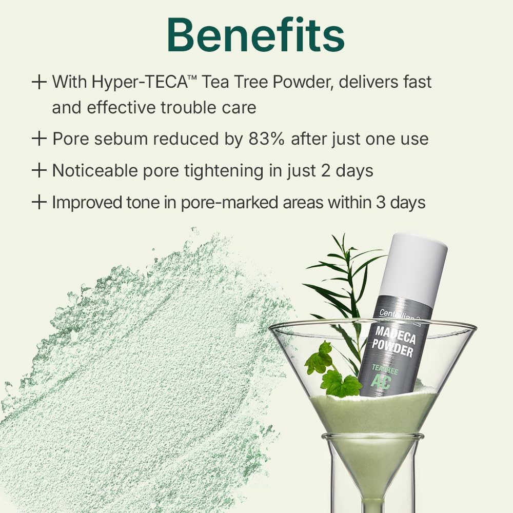 Centellian 24 Madeca Powder Tea Tree AC close-up highlights snowflake powder melting for a matte finish.