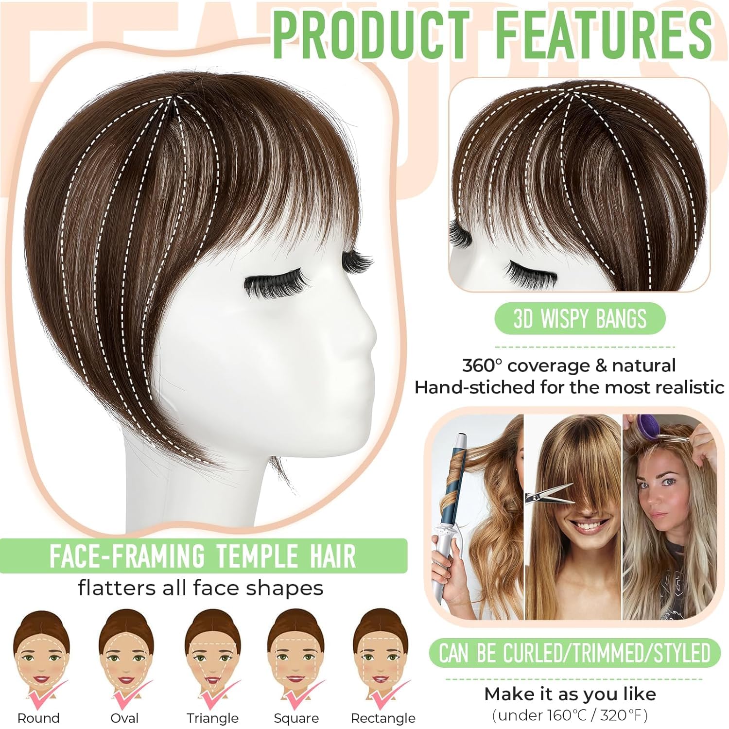 Cephermer Bangs synthetic fibers provide a glossy, realistic appearance.