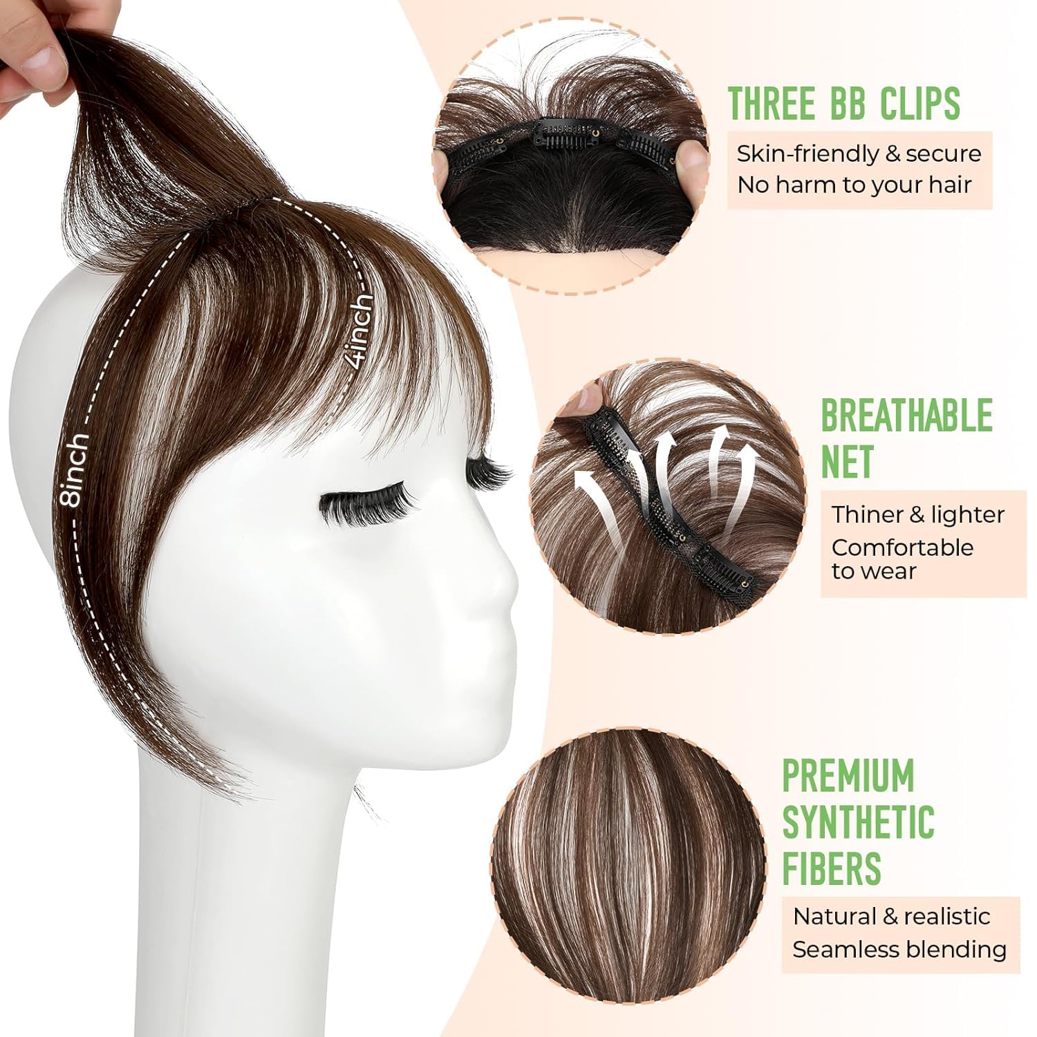 Cephermer Bangs Clip features effortless styling with durable fibers.