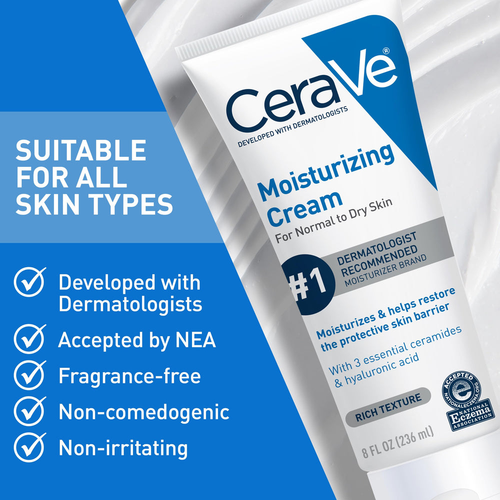 Rubbing CeraVe cream into hands to relieve dryness and restore barrier
