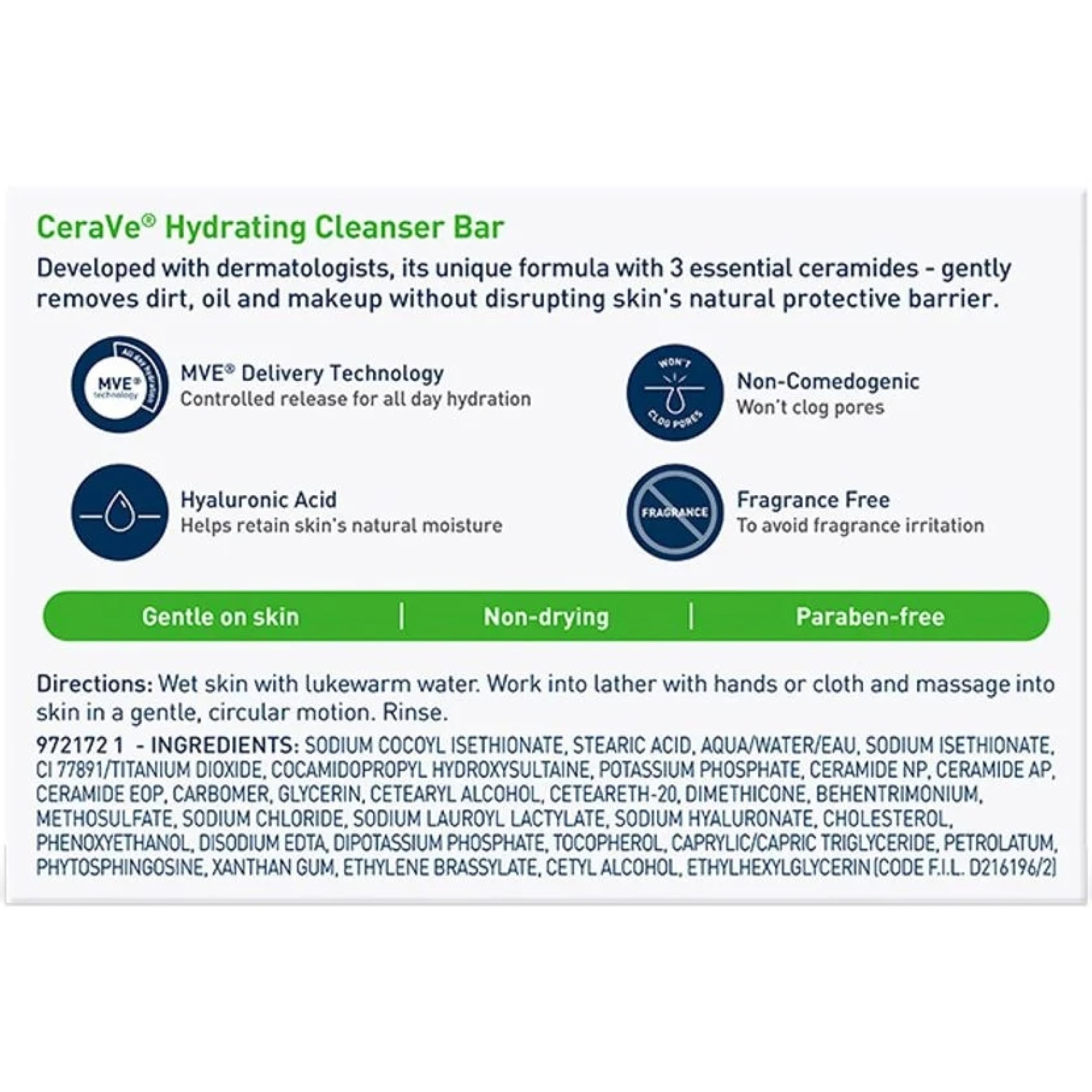 CeraVe cleansing bar with hyaluronic acid — boosts moisture during cleansing.