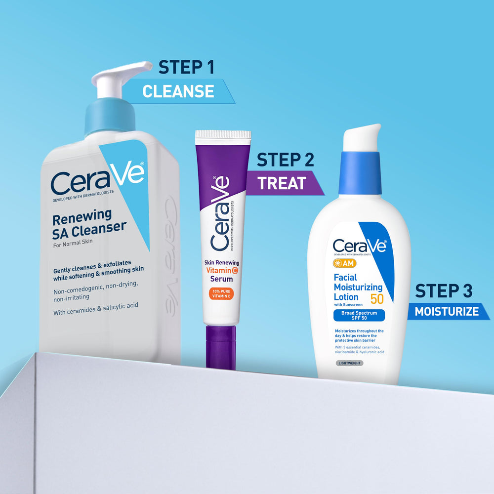 CeraVe cleanser beside moisturizer showing a balanced skincare routine