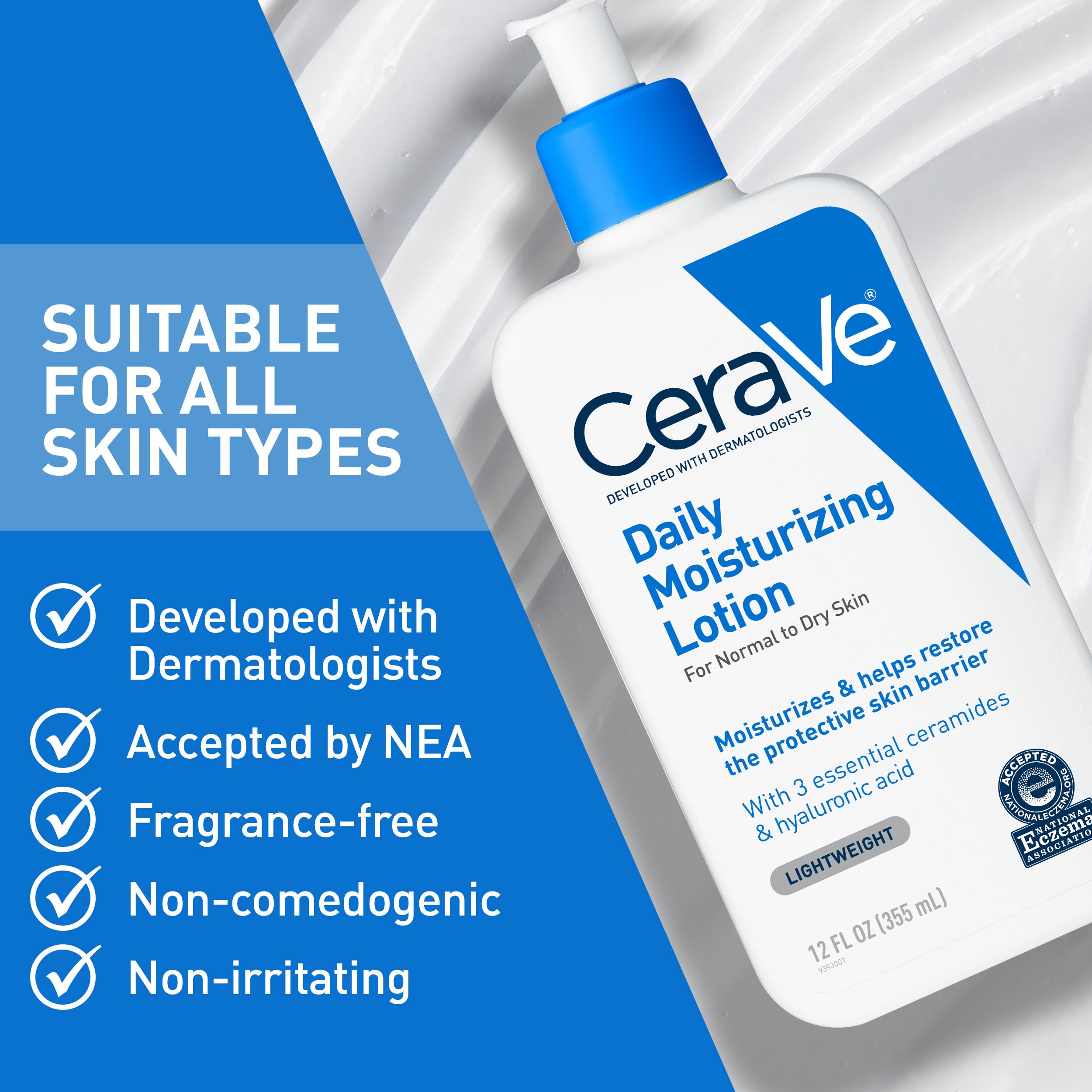 CeraVe pump dispensing lotion onto hand for quick application benefit