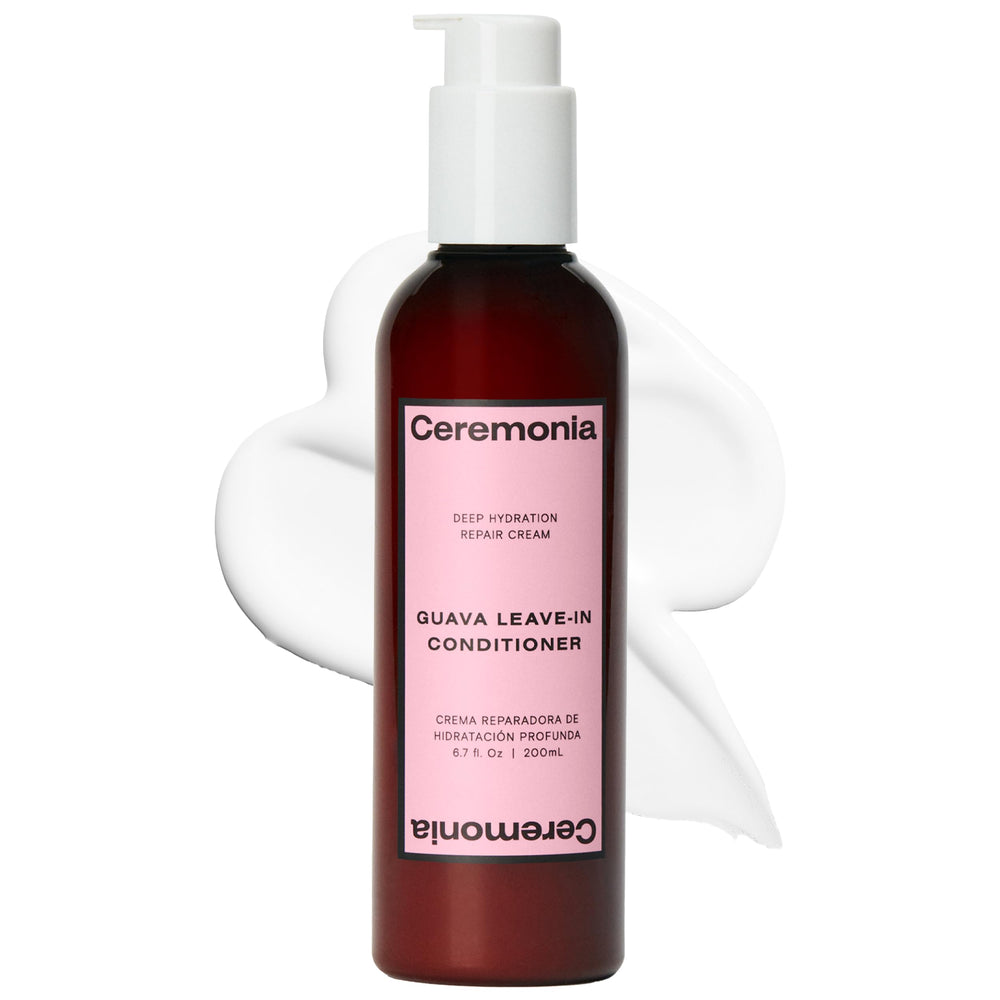 Ceremonia Guava Leave-In Bottle Pour showcases deep hydration for dry hair.