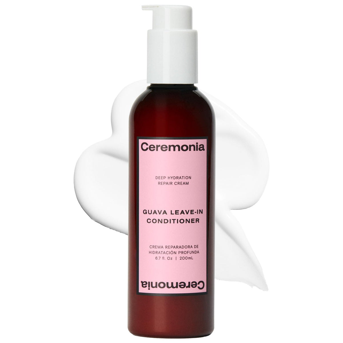 Ceremonia Guava Leave-In Bottle Pour showcases deep hydration for dry hair.