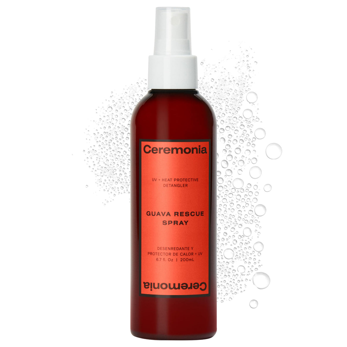 Ceremonia Guava Rescue Spray bottle front view highlights detangling power and lightweight shine.