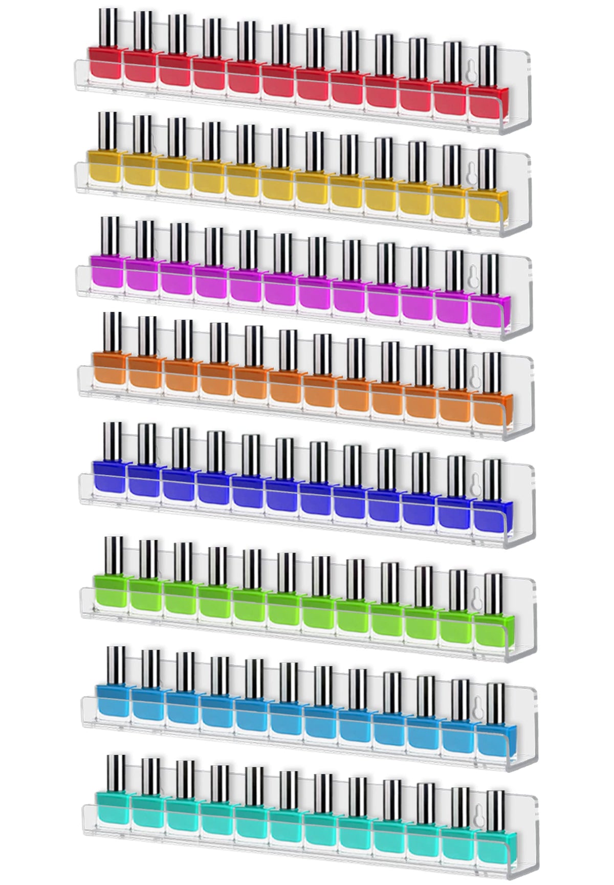 Cerpourt eight-pack wall-mounted shelf displays polish collection with organized, professional-looking setup.