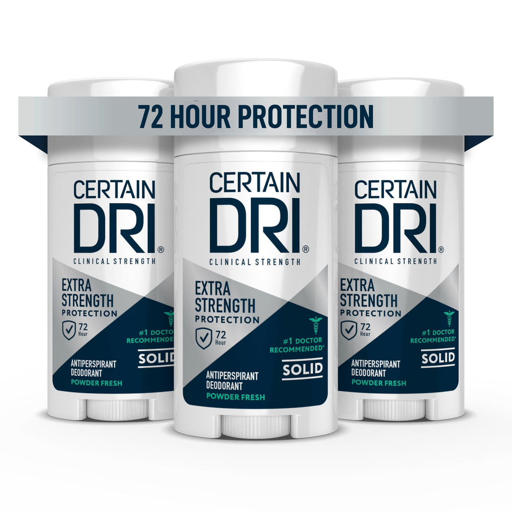 Certain Dri Extra Strength clinical solid bottle closeup highlights powerful sweat protection.
