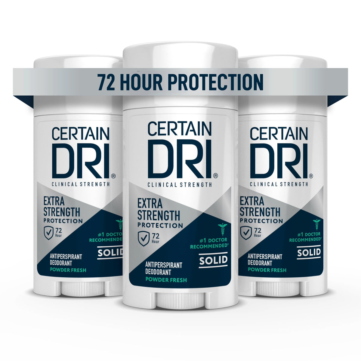 Certain Dri Extra Strength clinical solid bottle closeup highlights powerful sweat protection.
